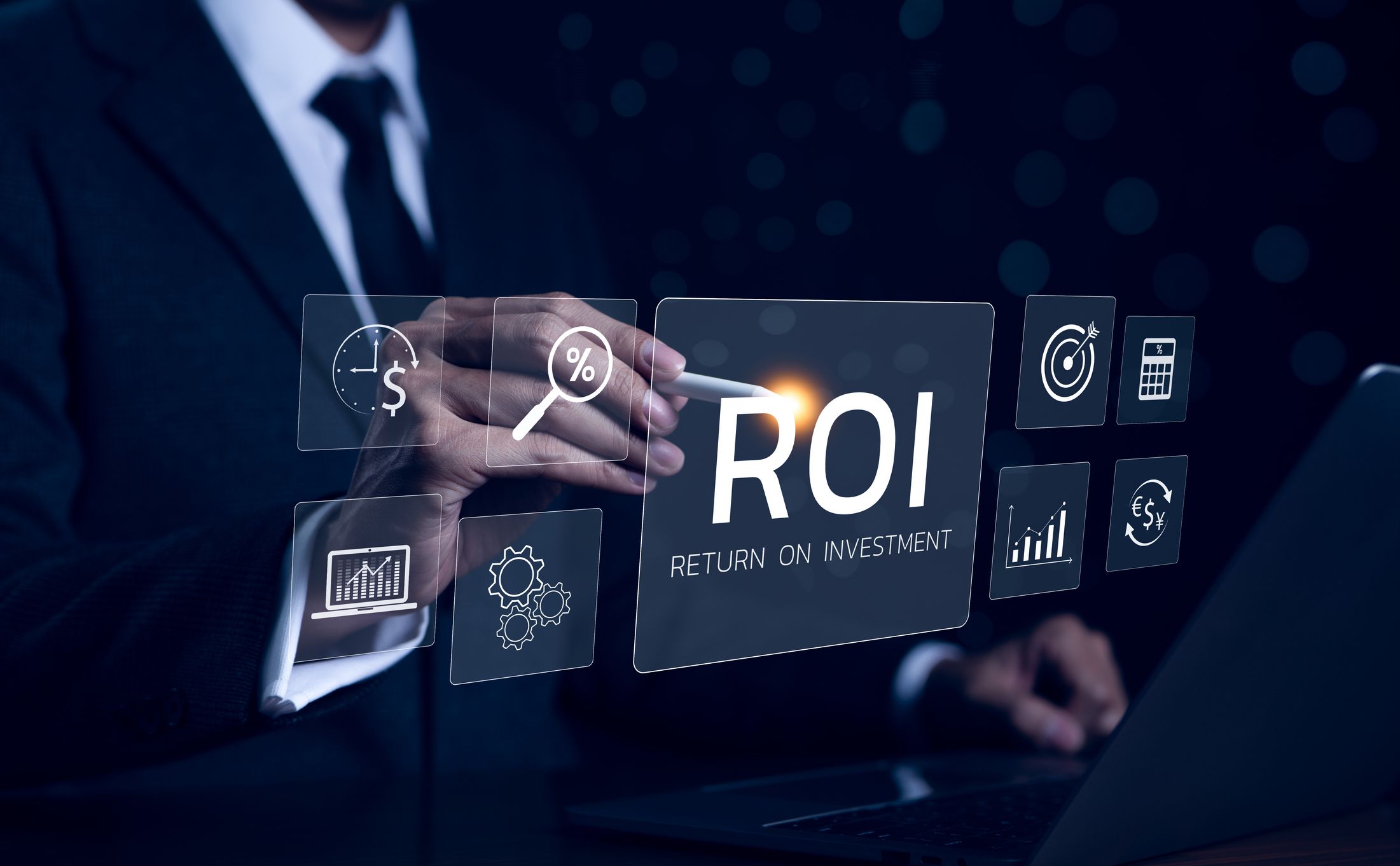 ROI, Analyzing Return on Investment Concept. Businessman with digital icons representing ROI analysis, graphs, percentages, and financial symbols, emphasizing investment strategy, financial management