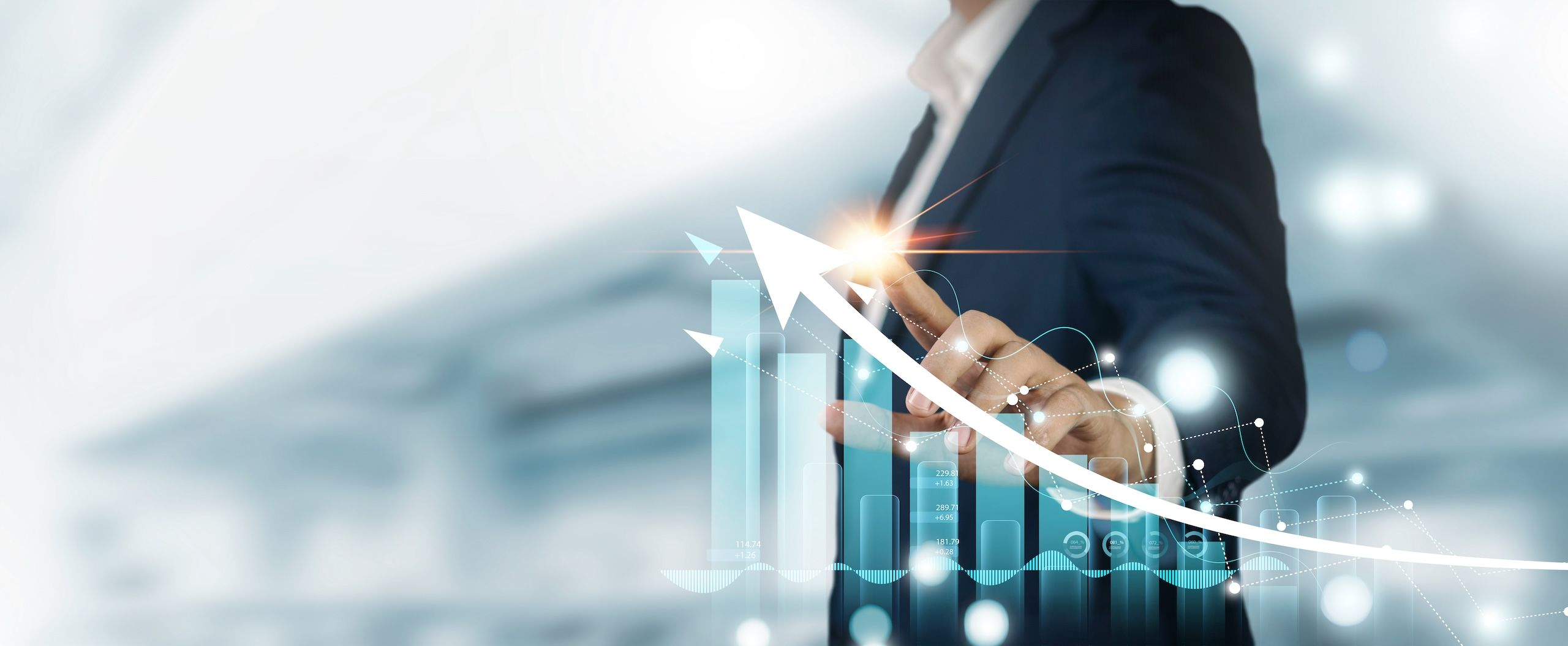 Businessman pointing arrow graph growth and financial network connection, Analyzing data market trends and profits to success business investment goal in path to Profit and market leadership.